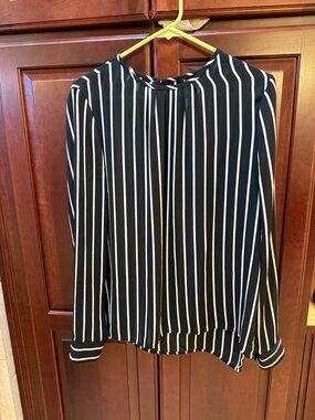 White House Black Market Black Blouse with White Vertical Stripes